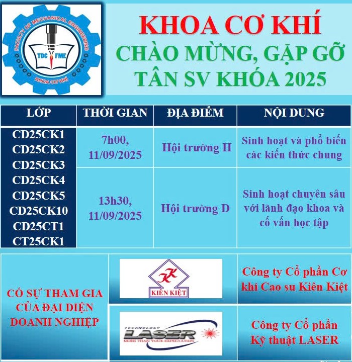 KHOA CƠ KHÍ CHÀO MỪNG, GẶP GỠ TÂN SINH VIÊN KHÓA 2025 (NGÀY 11/09/2025)